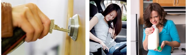 collage of safety: locking the door, putting on seatbelt, smelling milk 