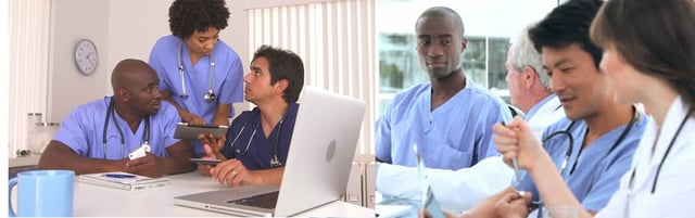 two sets of photos of nurses and doctors in scrubs meeting