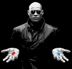 Morpheus from The Matrix holding one red and one blue pill