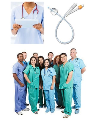 3 images, one of a nursing holding an ipad, another image of a catheter, and a third image of 10 nurses and doctors standing and smiling at the camera