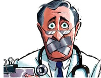 cartoon of a doctor with tape over his mouth