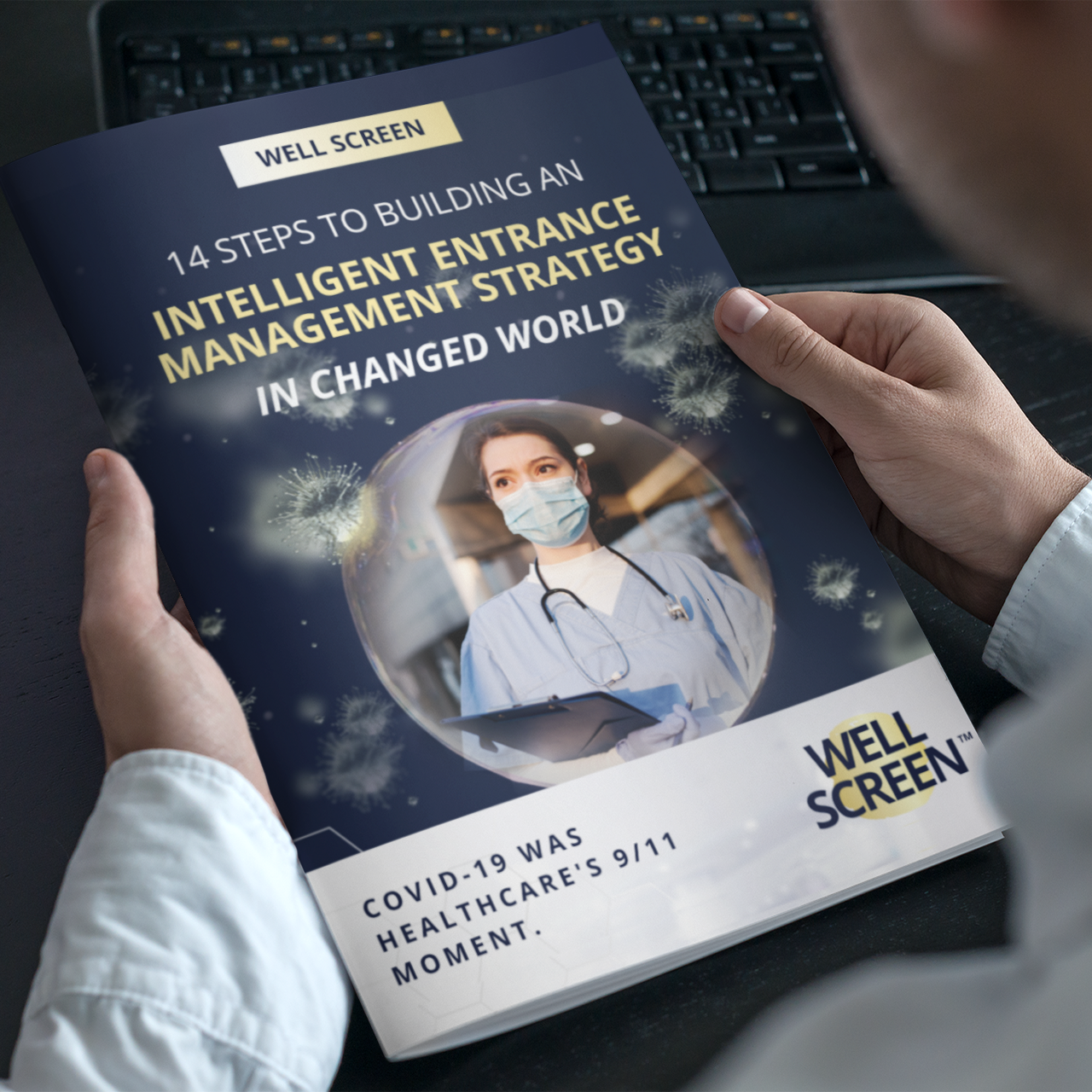 Man holding a magazine with the title: 14 Steps to Building an Intelligent Entrance Management Strategy in a Changed World